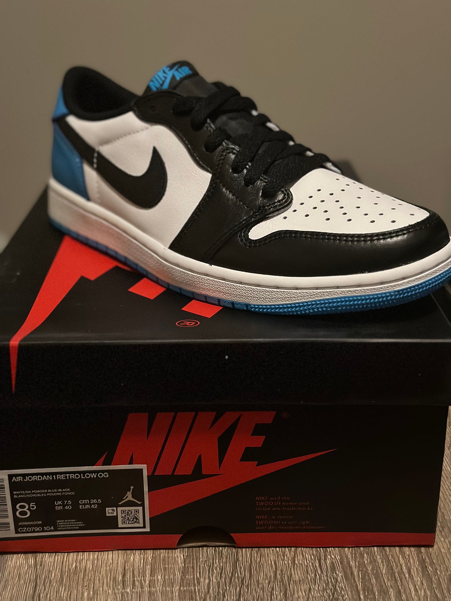 Jordan 1 Low Powder Blue Sz 8.5M, and 12M